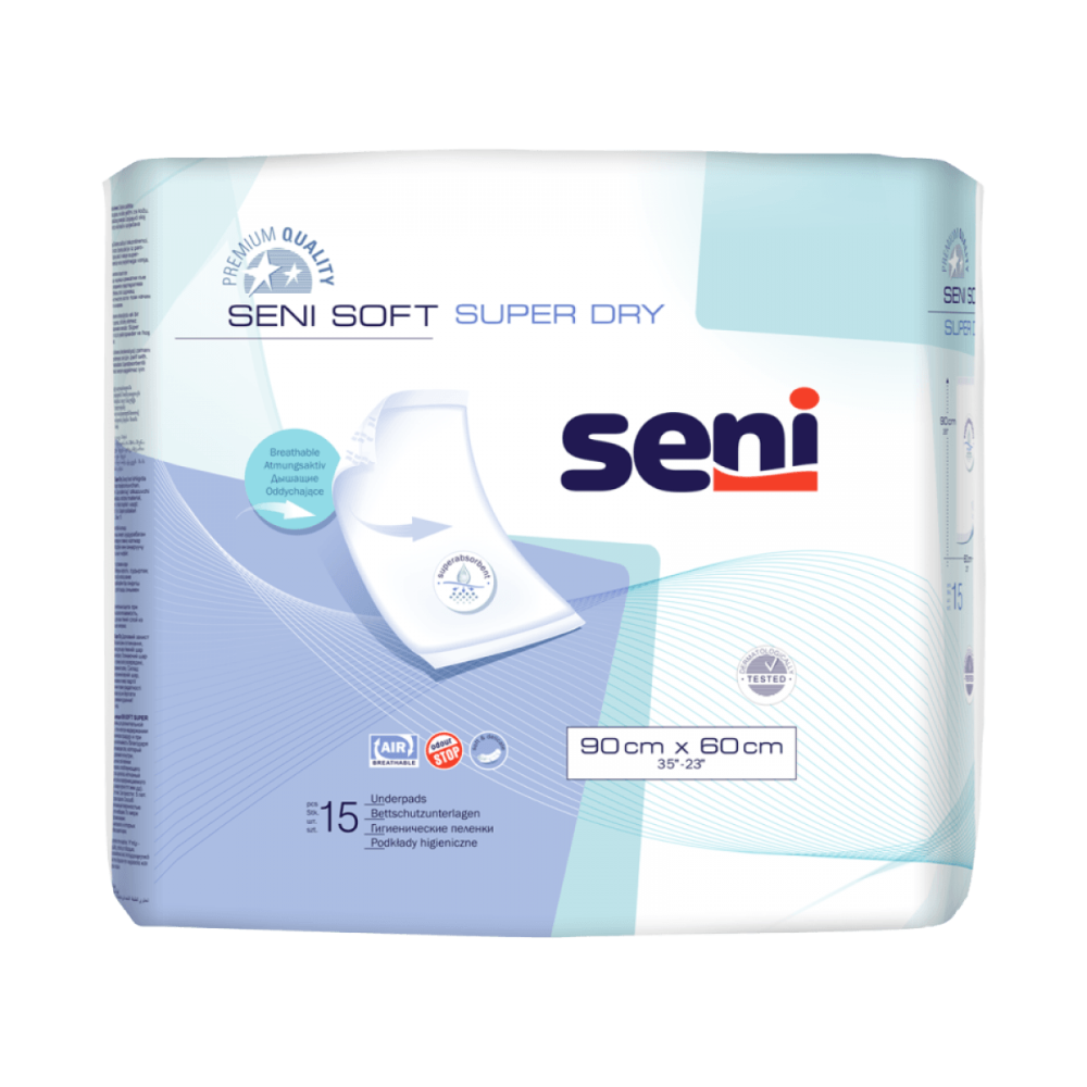Un pachet de protecții de pat Seni Soft Super Dry de la TZMO Deutschland GmbH în design albastru-alb conține 15 protecții de unică folosință (90 x 60 cm) cu branding de produs și funcții importante pe partea din față.