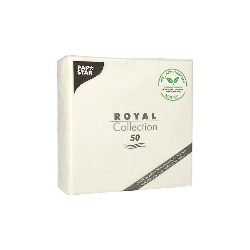 Un pachet de șervețele PAPSTAR „ROYAL Collection” 1/4-pliu, conține 50 de bucăți și este ideal pentru decorul mesei dumneavoastră. Ambalajul prezintă o etichetă ecologică cu un design de frunză care indică compostabilitatea 100%. Aceste șervețele albe, fabricate de PAPSTAR GmbH, prezintă un branding simplu și elegant.