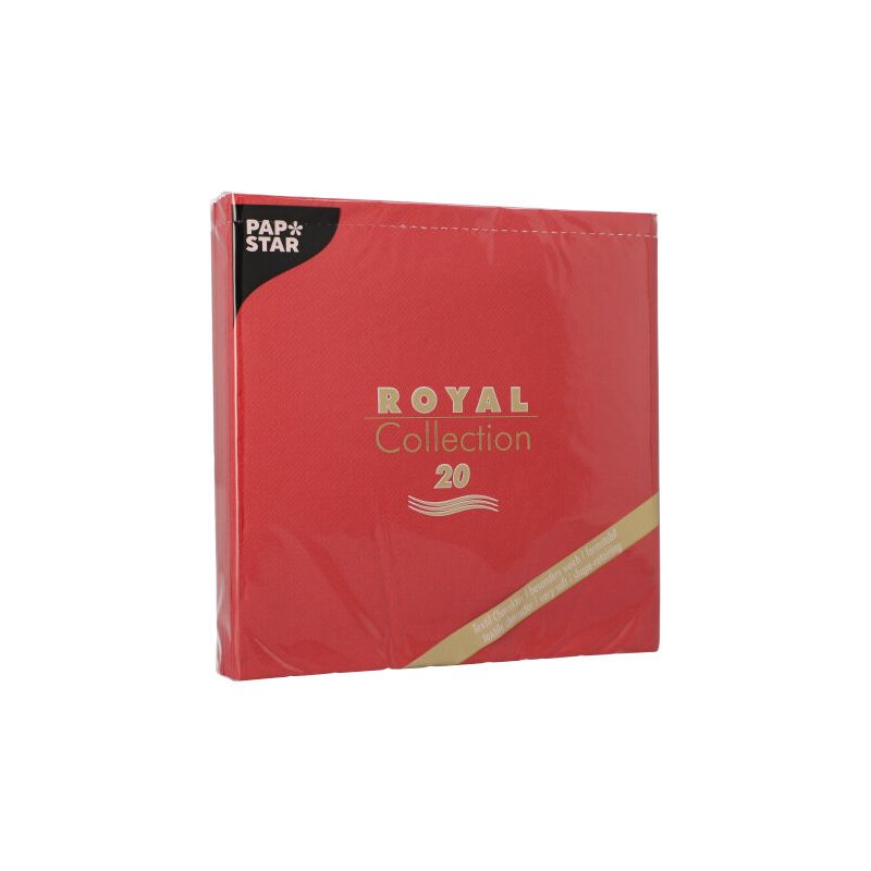 Un pachet roșu de șervețele 1/4 pliat 40 cm x 40 cm de la PAPSTAR GmbH „ROYAL Collection“. Ambalajul prezintă un text auriu-alb și o etichetă mică neagră în colț. Aceste șervețele sunt ideale pentru orice decor de masă și adaugă eleganță ambientului dvs.
