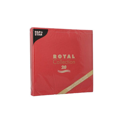 Un pachet roșu de șervețele 1/4 pliat 40 cm x 40 cm de la PAPSTAR GmbH „ROYAL Collection“. Ambalajul prezintă un text auriu-alb și o etichetă mică neagră în colț. Aceste șervețele sunt ideale pentru orice decor de masă și adaugă eleganță ambientului dvs.