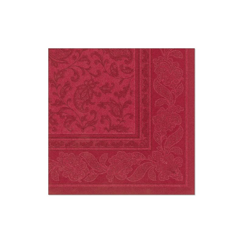 Servetelele PAPSTAR GmbH "ROYAL Collection" 20 (1/4-pliuri, 40x40 cm) sunt șervețele pătrate, roșii, cu o bordură florală și paisley decorată - ideale pentru un decor elegant al mesei, aici pe un fundal alb.