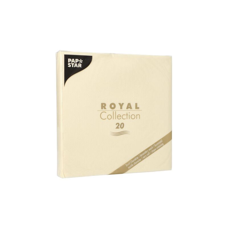 Pachetul de șervețele „ROYAL Collection“ PAPSTAR de la PAPSTAR GmbH, compus din 20 de șervețele cu un design excepțional. Ambalajul crem cu text auriu și negru adaugă o notă elegantă oricărei mese.