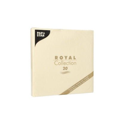 Pachetul de șervețele „ROYAL Collection“ PAPSTAR de la PAPSTAR GmbH, compus din 20 de șervețele cu un design excepțional. Ambalajul crem cu text auriu și negru adaugă o notă elegantă oricărei mese.