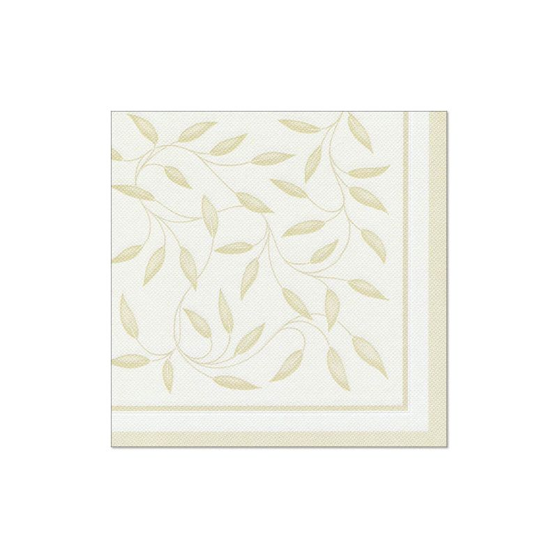Șervețelele PAPSTAR „ROYAL Collection“ de la PAPSTAR GmbH, în format 40 cm x 40 cm cu 1/4 pliere, au o bordură verde deschis cu frunze bej delicate și vrejuri pe un fundal crem, completând perfect decorul mesei dvs.