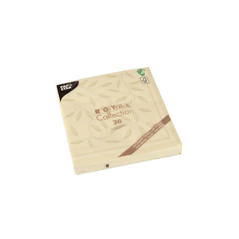 Un pachet pătrat bej de șervețele PAPSTAR 1/4 pliat „ROYAL Collection“ în format 40 cm x 40 cm prezintă un design embosat cu frunze. Pachetul conține o stea întunecată ca simbol al calității și o marcă verde în colț ca semn al prieteniei cu mediul. Astfel, este perfect pentru a adăuga eleganță decorului mesei dvs.