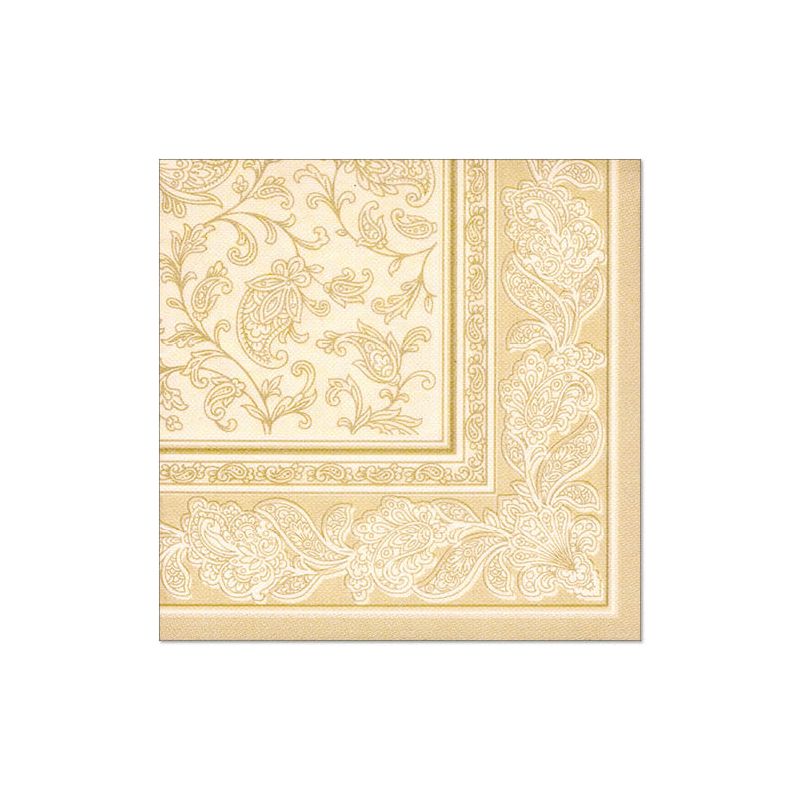 Servetelele "ROYAL Collection" ale PAPSTAR GmbH în format 40 cm x 40 cm cu 1/4-pliuri sunt șervețele de hârtie pătrate cu un model floral și paisley auriu elaborat pe un fundal crem. Perfecte pentru decorul mesei, marginea prezintă un model decorativ dens care completează frumos designul central.