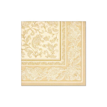 Servetelele "ROYAL Collection" ale PAPSTAR GmbH în format 40 cm x 40 cm cu 1/4-pliuri sunt șervețele de hârtie pătrate cu un model floral și paisley auriu elaborat pe un fundal crem. Perfecte pentru decorul mesei, marginea prezintă un model decorativ dens care completează frumos designul central.