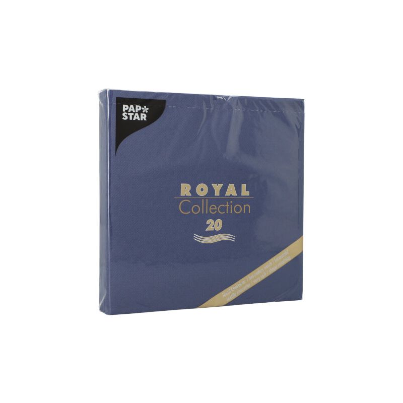 Cele 20 de șervețele „ROYAL Collection“ ale PAPSTAR GmbH, de 40x40 cm, pliate 1/4, vin într-un ambalaj albastru cu scris auriu-alb și o bandă diagonală aurie - ideal pentru o decorare stilată a mesei.