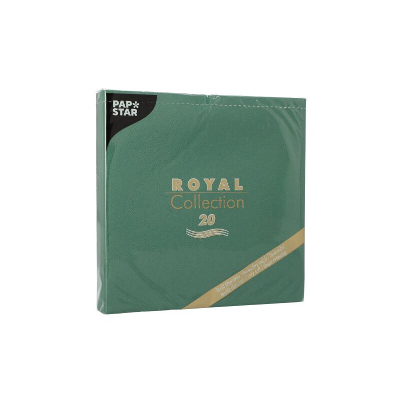 Un pachet verde PAPSTAR „ROYAL Collection“ de șervețele pliate 1/4, de 40 cm x 40 cm, cu 20 de bucăți, este perfect pentru decorarea mesei dumneavoastră. Ambalajul evidențiază numele mărcii „PAPSTAR GmbH“ cu textul „Royal Collection 20“ în scris elegant auriu.