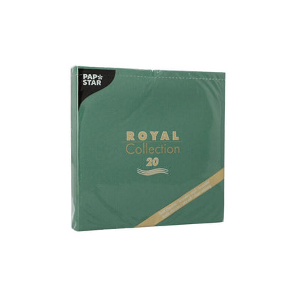 Un pachet verde PAPSTAR „ROYAL Collection“ de șervețele pliate 1/4, de 40 cm x 40 cm, cu 20 de bucăți, este perfect pentru decorarea mesei dumneavoastră. Ambalajul evidențiază numele mărcii „PAPSTAR GmbH“ cu textul „Royal Collection 20“ în scris elegant auriu.