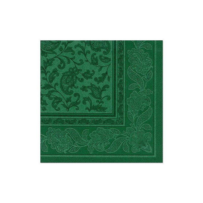 Servetelele PAPSTAR 20 "ROYAL Collection" 1/4-pliuri 40x40 cm de la PAPSTAR GmbH, cu bordură verde paisley și florală pe un fundal alb, îmbunătățesc fiecare masă aranjată.