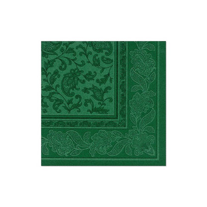 Servetelele PAPSTAR 20 "ROYAL Collection" 1/4-pliuri 40x40 cm de la PAPSTAR GmbH, cu bordură verde paisley și florală pe un fundal alb, îmbunătățesc fiecare masă aranjată.