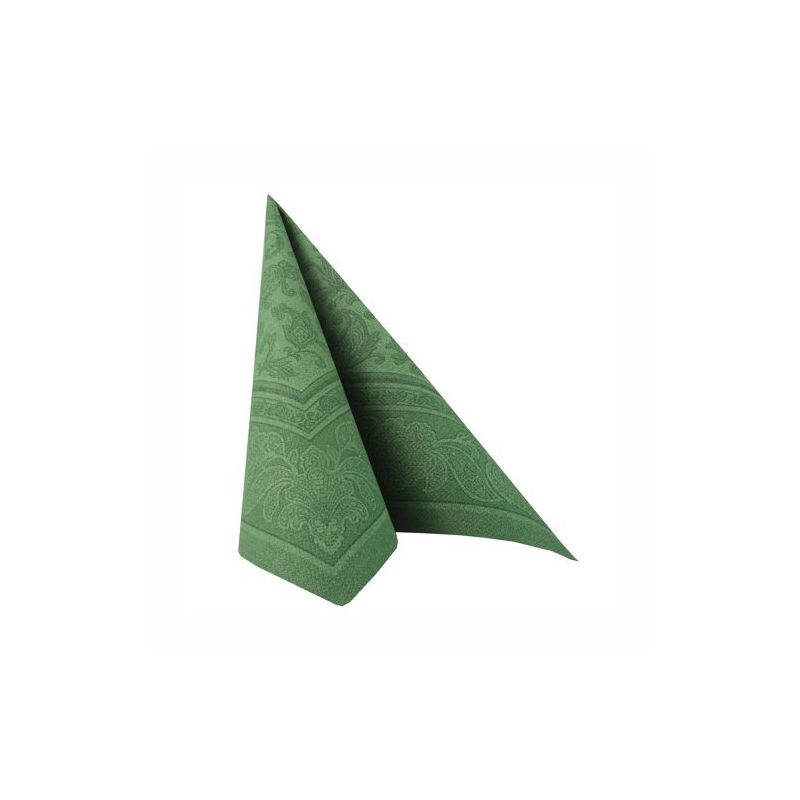 Un șervețel verde pliat cu grijă din "ROYAL Collection" de la PAPSTAR GmbH stă vertical pe un fundal alb simplu și îmbunătățește decorul mesei. Modelul prezintă elemente florale și geometrice complicate.