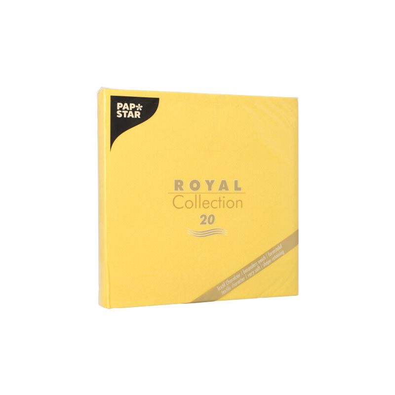Imaginea unui pachet galben cu inscripția „ROYAL Collection 20“ și logo-ul PAPSTAR în colțul din stânga sus. Pachetul conține 20 de șervețele de hârtie, ideale pentru un decor de masă elegant.