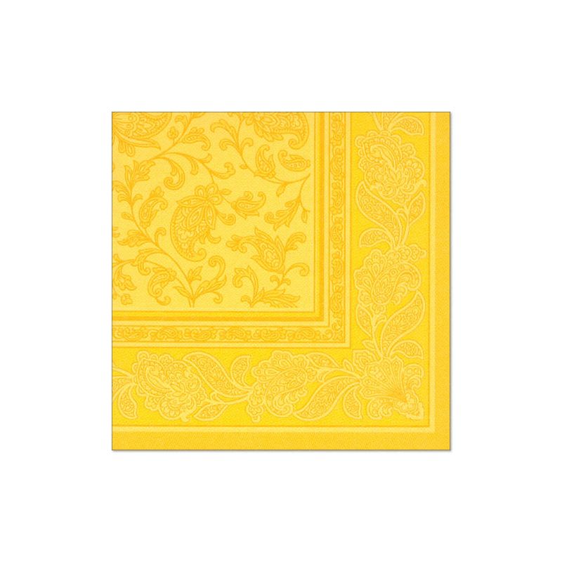 Un șervețel galben din "ROYAL Collection" de la PAPSTAR, cu o bordură detaliată cu flori și paisley, înfrumusețează ideal decorul mesei.