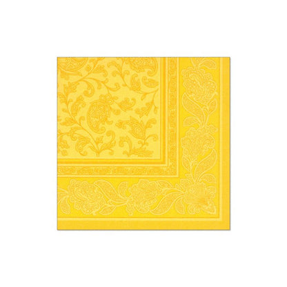 Un șervețel galben din "ROYAL Collection" de la PAPSTAR, cu o bordură detaliată cu flori și paisley, înfrumusețează ideal decorul mesei.