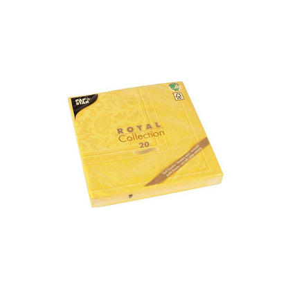 Este prezentat un teanc de șervețele galbene din "ROYAL Collection" de la PAPSTAR GmbH, constând din 20 de bucăți. Ambalajul este ideal pentru decorul mesei, prezintă modele decorative și conține un simbol de reciclare în colțul de sus.