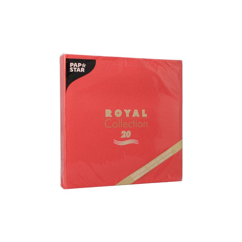 Un pachet cu 20 de șervețele roșii PAPSTAR ROYAL Collection (40x40 cm, 1/4 pliat) de la PAPSTAR GmbH. Ambalajul prezintă un text auriu și o dungă diagonală aurie în colțul din dreapta jos - ideal pentru decorul mesei dvs.