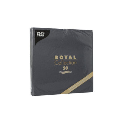 Este ilustrat un pachet negru PAPSTAR 20 șervețele „ROYAL Collection“ 1/4 pliuri (40x40 cm) ale PAPSTAR GmbH cu inscripție aurie pe fundal alb - ideal pentru o decorare stilată a mesei.
