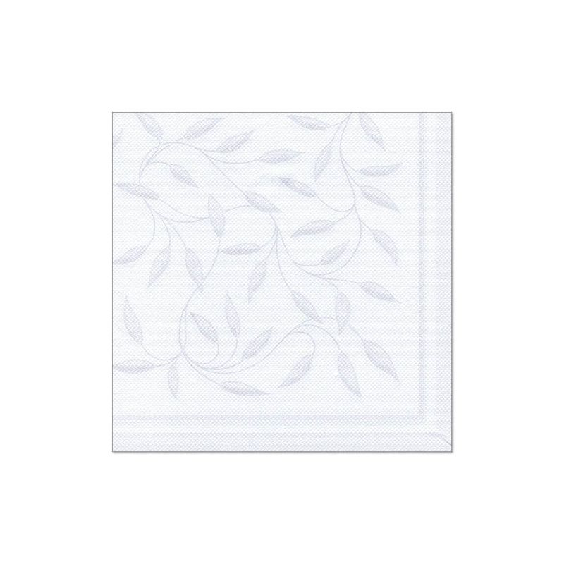 Un șervețel alb din colecția „ROYAL Collection“ PAPSTAR 1/4 pliat, cu dimensiunea de 40 cm x 40 cm și cu un model subtil de frunze gri deschis, este așezat plat pe un fundal alb simplu. Perfect pentru a adăuga o notă de eleganță aranjamentului dvs. de masă și ansamblului de șervețele al PAPSTAR GmbH.