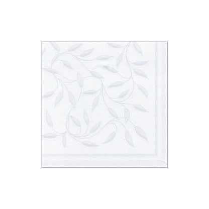 Un șervețel alb din colecția „ROYAL Collection“ PAPSTAR 1/4 pliat, cu dimensiunea de 40 cm x 40 cm și cu un model subtil de frunze gri deschis, este așezat plat pe un fundal alb simplu. Perfect pentru a adăuga o notă de eleganță aranjamentului dvs. de masă și ansamblului de șervețele al PAPSTAR GmbH.