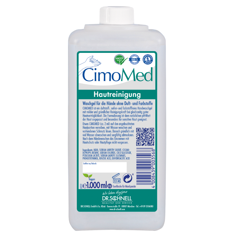 O sticlă de plastic albă de 1000 ml Dr. Schnell CIMOMED Gel de spălat pe mâini, fără parfum și coloranți, pentru curățarea pielii de la DR.SCHNELL GmbH & Co. KGaA, ideal pentru pielea sensibilă cu etichetă albastră/verde, cod QR, certificări și instrucțiuni în limba germană.