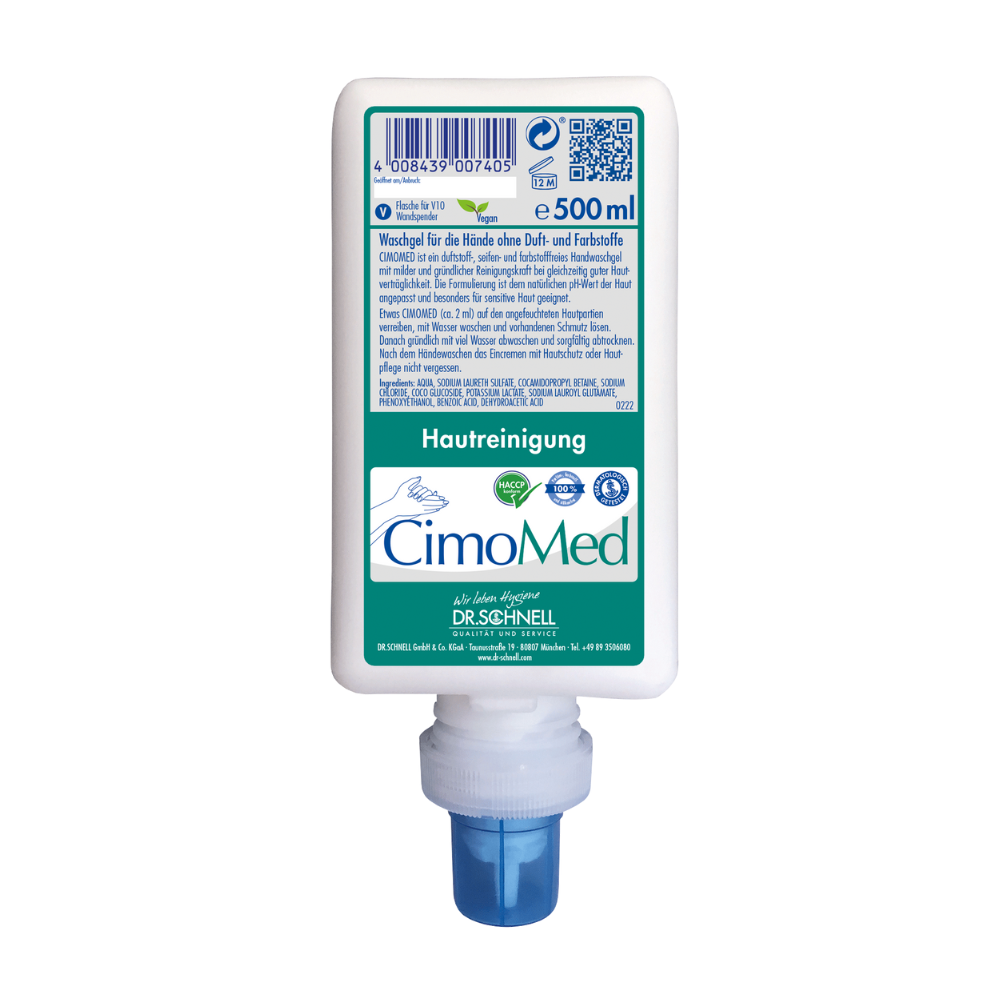 O sticlă de 500 ml Dr. Schnell CIMOMED Gel de spălat pe mâini de la DR.SCHNELL GmbH & Co. KGaA, fără parfum și coloranți pentru curățarea pielii, cu logo alb în limba germană și distribuitor albastru - ideal pentru pielea sensibilă.