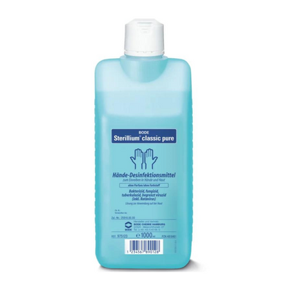 O sticlă de dezinfectant pentru mâini Sterillium® classic pure, 1000 ml, cu informații în limba germană care evidențiază proprietățile bactericide, fungicide și virucide.
Nume de marcă: Paul Hartmann AG