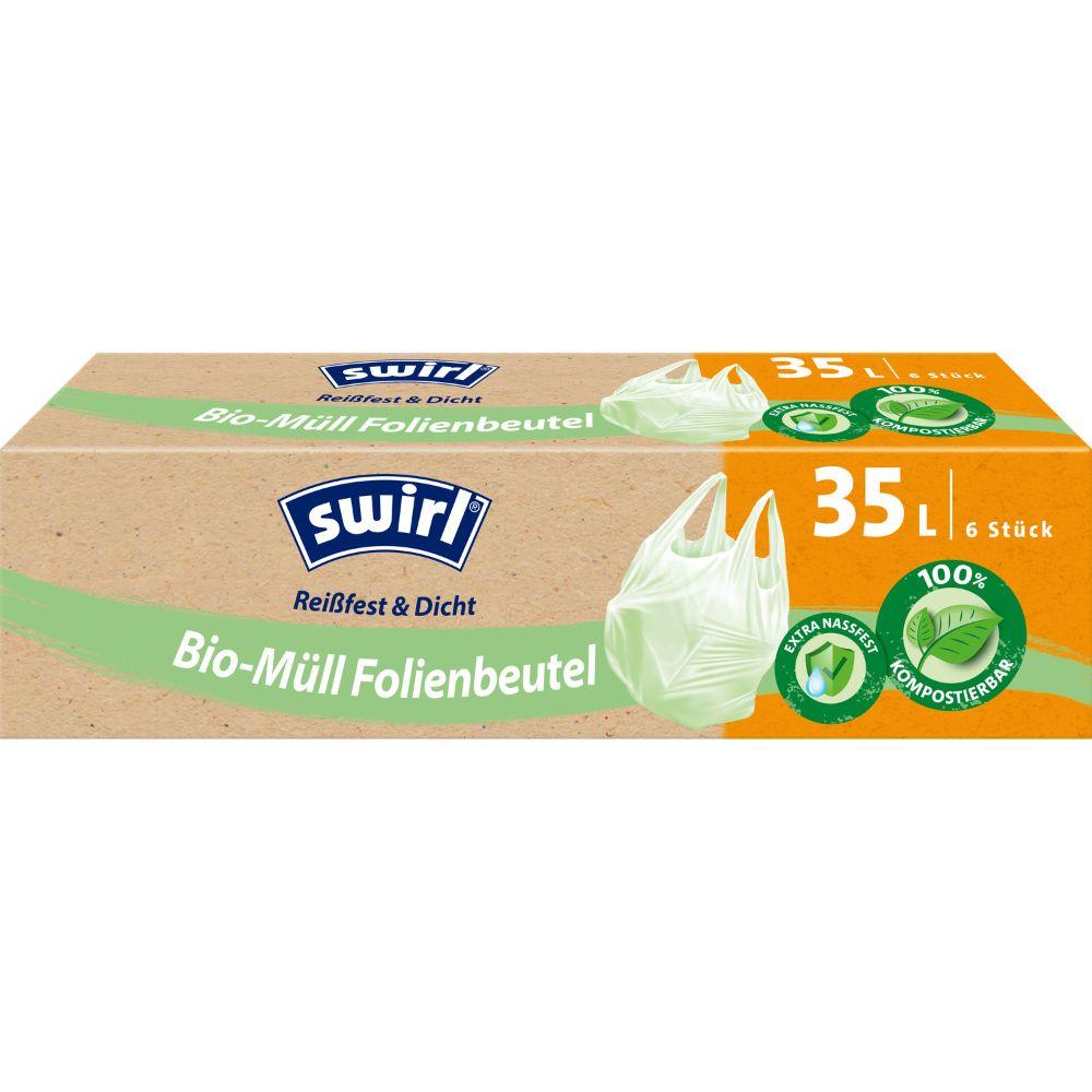 Eine Schachtel Swirl Bio-Müll Folienbeutel mit Tragegriff 35 l von der Melitta Europa GmbH & Co. KG enthält 6 reißfeste, auslaufsichere kompostierbare Beutel (deutsche Kennzeichnung) mit Umweltsymbolen für umweltfreundliche Entsorgung.