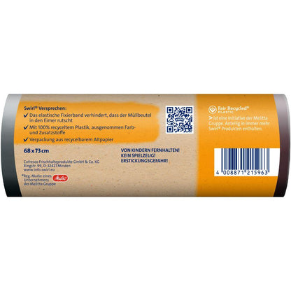Un rolă Swirl saci de gunoi cu bandă de fixare 60 l rezistentă la rupere și etanș (10 saci) de la Melitta Europa GmbH & Co. KG are o etichetă germană bej deschis, este fabricată din 100% plastic reciclat și are o bandă elastică de fixare pentru o închidere sigură.