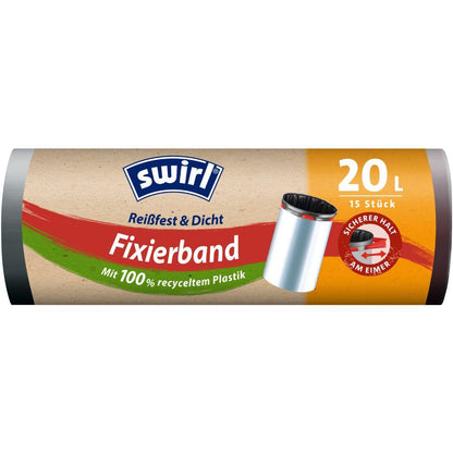 Punga de gunoi Fixierband Swirl 20 l Rezistentă la rupere & Etanșă de la Melitta Europa GmbH & Co. KG vine într-un sul de 15 bucăți cu etichetă maro-portocalie, folie rezistentă la rupere, din plastic reciclat și cu un motiv de pubelă.