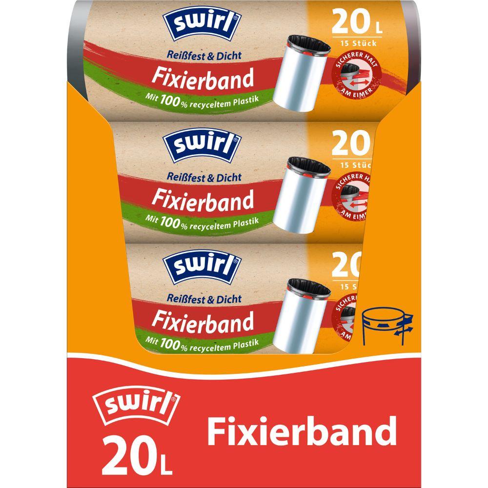 Trei role de pungi de gunoi Fixierband Swirl 20 l Rezistentă la rupere & Etanșă de la Melitta Europa GmbH & Co. KG, fiecare cu 15 pungi în ambalaj portocaliu și verde, fabricate din plastic 100% reciclat și echipate cu folie rezistentă la rupere.