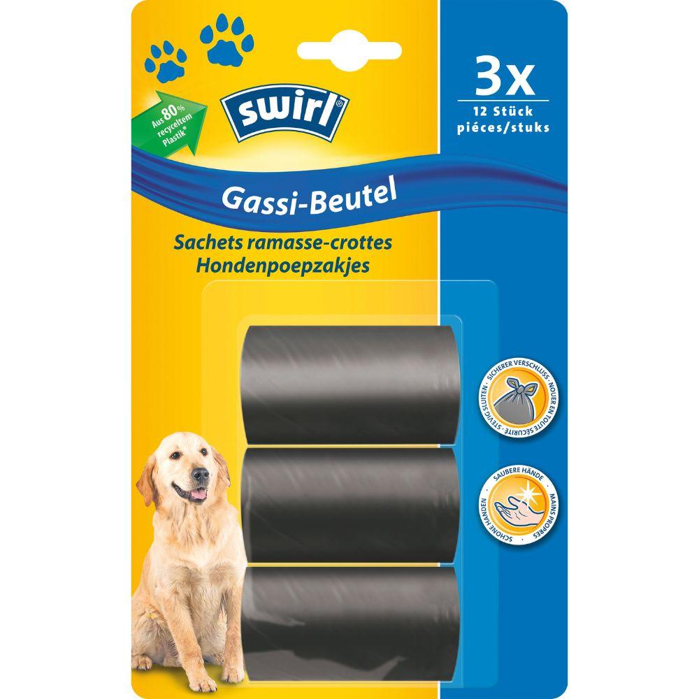 Un pachet de Swirl pungi pentru câini Rezistente la rupere & Etanșe (36 de pungi, de la Melitta Europa GmbH & Co. KG) într-un ambalaj din plastic cu fundal galben-albastru, o fotografie cu un Golden Retriever, text în germană și simboluri de caracteristici.