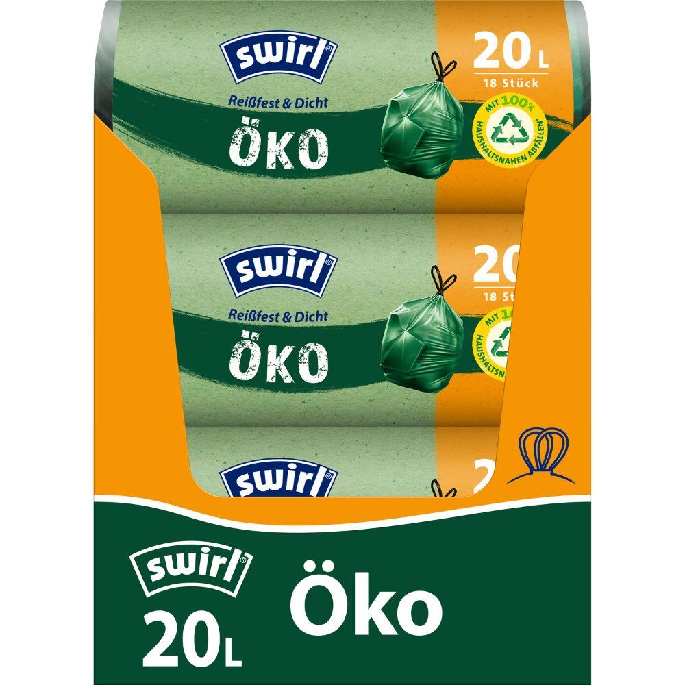 Un rulou Swirl de pungi ecologice pentru gunoi cu șnur de 20 l de la Melitta Europa GmbH & Co. KG conține 18 pungi rezistente la rupere, etanșe, cu închidere cu șnur și proprietăți prietenoase cu mediul, fabricate din plastic reciclat și prevăzute cu sigiliu verde.