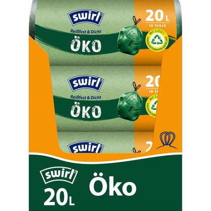 Un rulou Swirl de pungi ecologice pentru gunoi cu șnur de 20 l de la Melitta Europa GmbH & Co. KG conține 18 pungi rezistente la rupere, etanșe, cu închidere cu șnur și proprietăți prietenoase cu mediul, fabricate din plastic reciclat și prevăzute cu sigiliu verde.