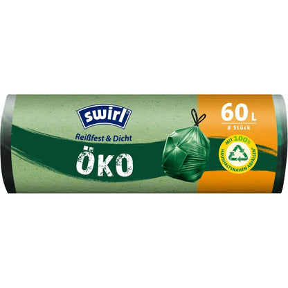 Der Swirl sac de gunoi ecologic cu șnur de 60 l de la Melitta Europa GmbH & Co. KG oferă 8 pungi rezistente și etanșe pe rolă, din material 100% vegetal, cu folie cu 3 straturi rezistentă la rupere și design ecologic.