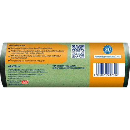 Swirl sac de gunoi ecologic cu șnur de 60 l, rezistent la rupere și etanș datorită foliei cu 3 straturi din plastic reciclat. Rola cu 8 pungi de la Melitta Europa GmbH & Co. KG. Fundal verde, secțiuni portocaliu-albastre, Blauer Engel, cod de bare, cod QR și contact.
