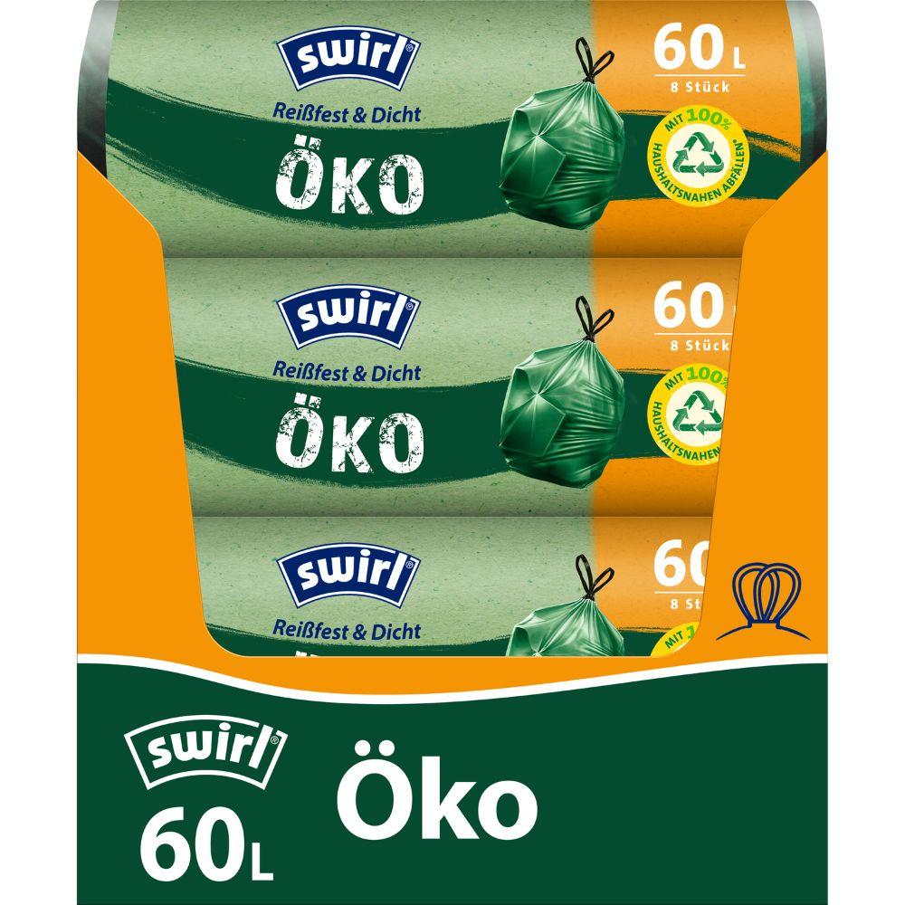 Un pachet de Swirl saci de gunoi ecologici cu șnur de 60 l (de la Melitta Europa GmbH & Co. KG) conține 3 role, fiecare cu 8 pungi ecologice, rezistente la rupere, din plastic reciclat, cu design verde și accente galben-portocalii.