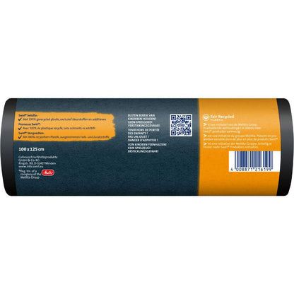 Un rolă Swirl saci de mare capacitate Profi cu șnur (240 l, 5 pungi) de la Melitta Europa GmbH & Co. KG, fabricată din plastic 100% reciclat, cu etichetă olandeză/germană (100 x 125 cm), simboluri de reciclare, cod de bare, cod QR și „rezistent la rupere”.