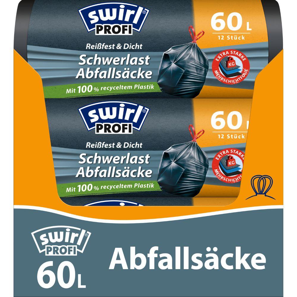 Verpackung für Swirl Schwerlast-Säcke Profi mit Zugband 60 l Reißfest & Dicht (12 Beutel), von Melitta Europa GmbH & Co. KG. Das Etikett besteht zu 100 % aus recyceltem Kunststoff und zeigt eine zugeschnürte schwarze Tasche mit orangen, grünen und schwarzen Akzenten.