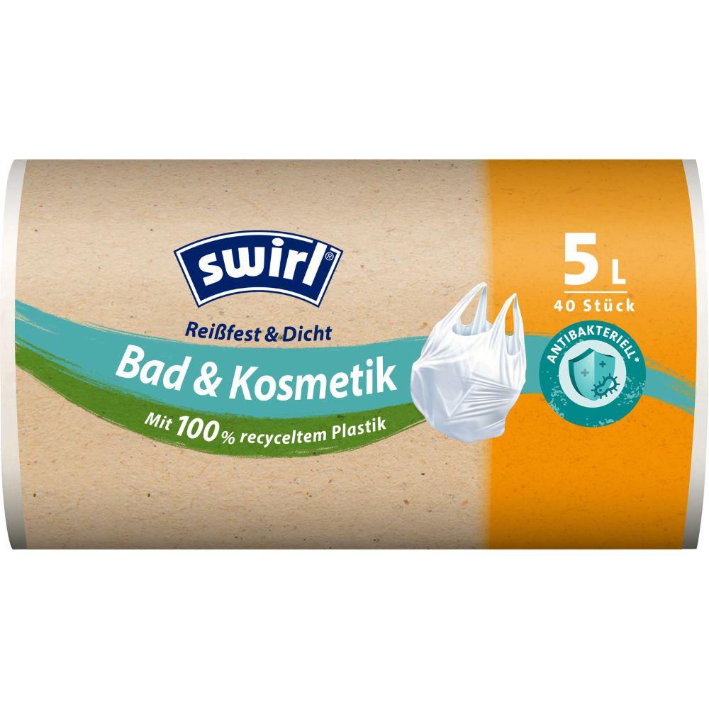 Un rolă Swirl pungi de gunoi cu mâner pentru baie și cosmetică 5L (40 pungi) de la Melitta Europa GmbH & Co. KG, fabricate din plastic reciclat 100% cu protecție antibacteriană, este marcată ca fiind rezistentă la rupere și etanșă.
