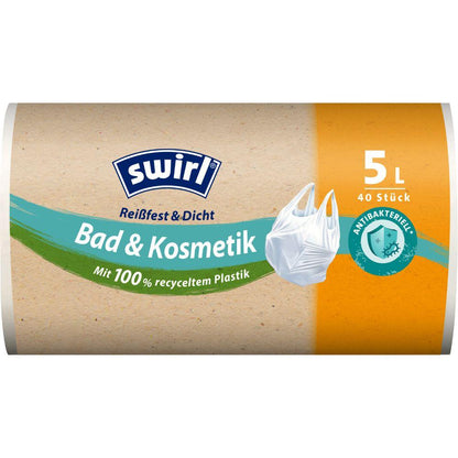 Un rolă Swirl pungi de gunoi cu mâner pentru baie și cosmetică 5L (40 pungi) de la Melitta Europa GmbH & Co. KG, fabricate din plastic reciclat 100% cu protecție antibacteriană, este marcată ca fiind rezistentă la rupere și etanșă.