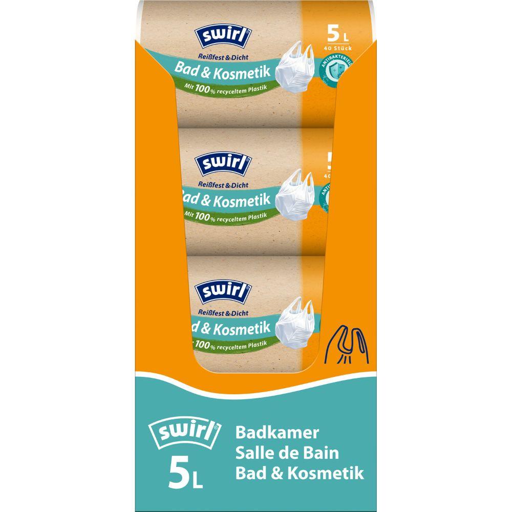 Un rolă Swirl pungi de gunoi cu mâner pentru baie și cosmetică 5 l rezistente și etanșe de la Melitta Europa GmbH & Co. KG cu 40 de pungi de gunoi pentru baie rezistente la rupere și etanșe, fabricate din plastic reciclat. Cutia este ilustrată în portocaliu și albastru.