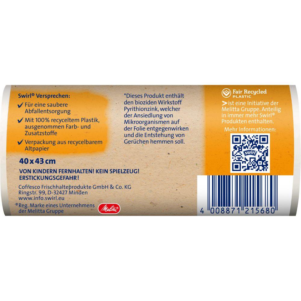 Sacul de gunoi cu mâner Swirl pentru baie și cosmetică de 10 l de la Melitta Europa GmbH & Co. KG se distinge prin saci din plastic 100% reciclat, fără coloranți/aditivi, proprietăți antibacteriene, ambalaj reciclabil, cod de bare și cod QR.