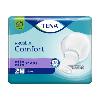 Ambalaj pentru absorbantele pentru incontinență TENA Comfort Maxi, conținut 34 de bucăți. Designul include o schemă de culori albastru-violet cu o imagine a absorbantului pentru incontinență pe partea dreaptă, precum și simboluri care indică capacitatea de absorbție și avantajele produsului.