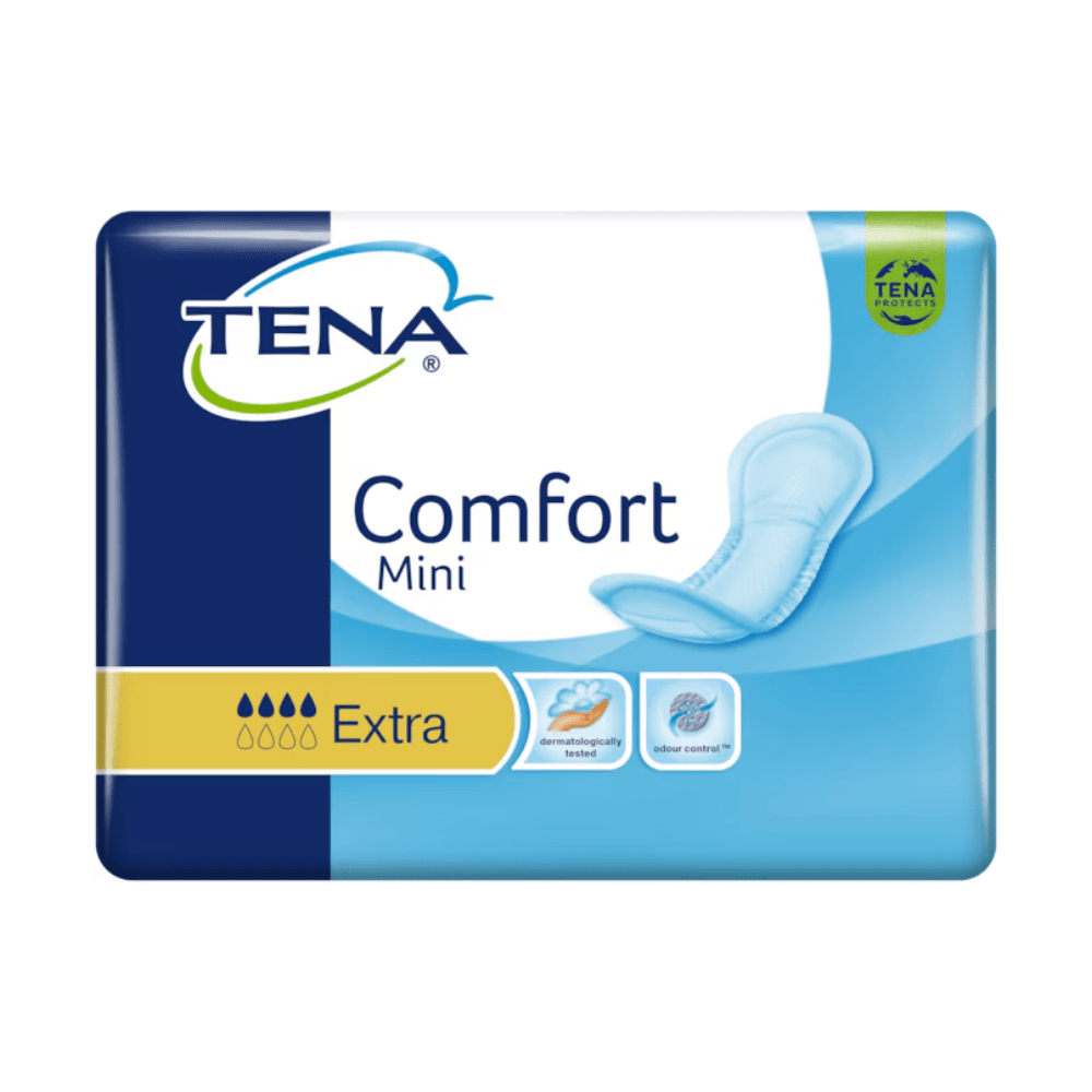 Imaginea arată un pachet de TENA Comfort Mini Extra absorbante pentru incontinență într-un ambalaj albastru cu textul „TENA” și „Comfort Mini”. Se evidențiază nucleul absorbant Dry Fast Core pentru o absorbție îmbunătățită, împreună cu simboluri care indică faptul că este testat dermatologic și dezvoltat pentru un control eficient al mirosurilor. Produsul este de la TENA by Essity Germany GmbH și este livrat într-un pachet de 30 de bucăți.