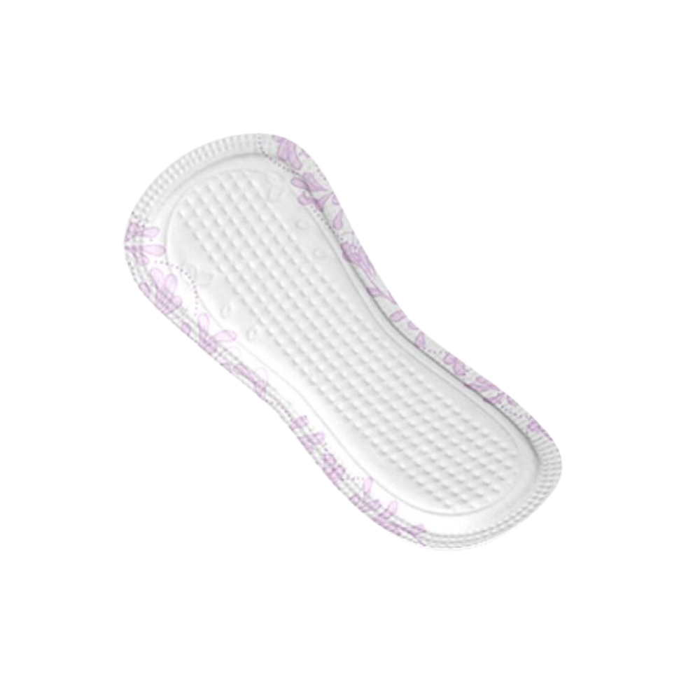 Absorbantul pentru incontinență TENA Discreet Mini Magic de la Essity Germany GmbH se remarcă printr-o textură matlasată și modele delicate de flori violet deschis pe margini. Este echipat cu tehnologia microPROTEX și este conceput pentru persoane cu slăbiciune ușoară a vezicii urinare. Se prezintă elegant pe un fundal alb simplu.