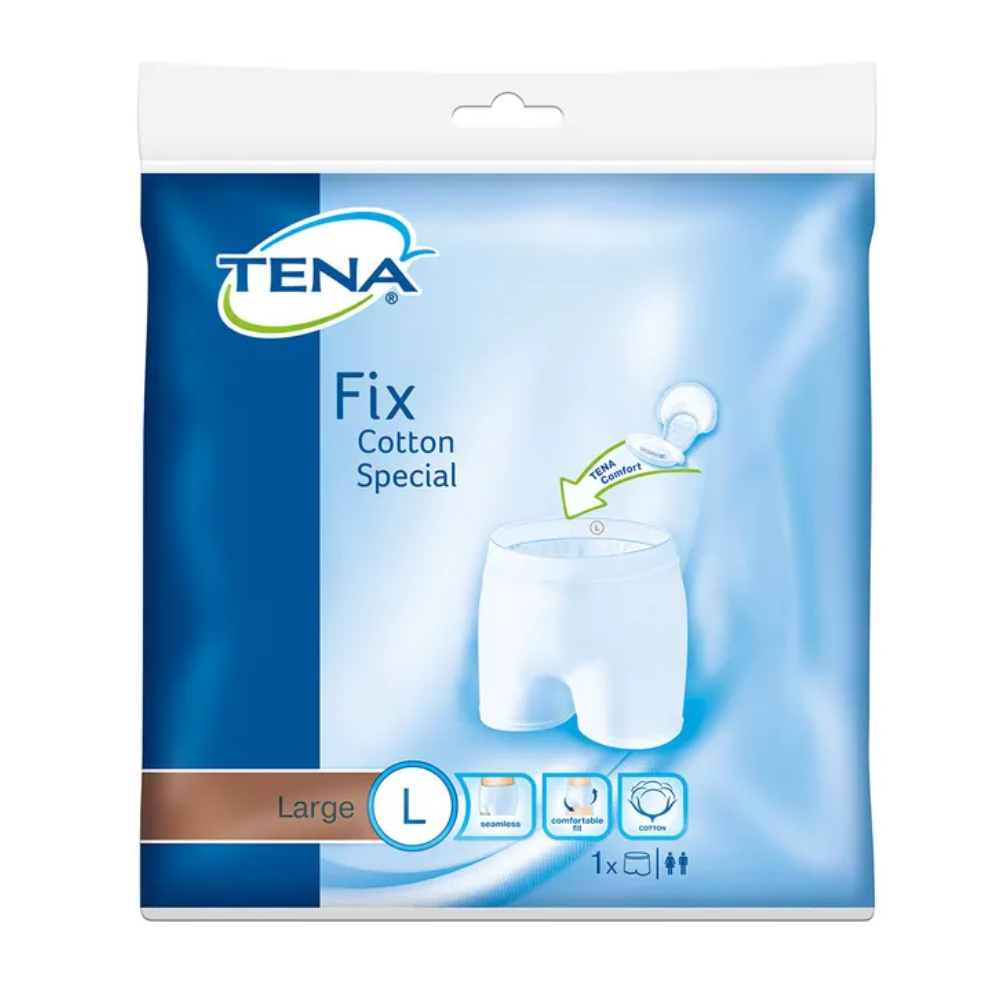 Eine Packung TENA Fix Cotton Spezial Fixierhose Inkontinenzunterwäsche, Größe L, von TENA - Essity Germany GmbH. Die blau-weiße Verpackung zeigt eine Abbildung, die Komfort und Passform betont, sowie Symbole mit detaillierten Waschanweisungen und Produktinformationen zur einfachen Pflege.