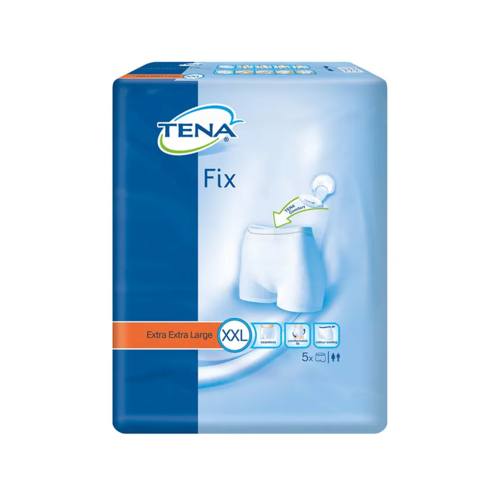 Auf der Verpackung der TENA Fix Inkontinenz-Fixierhosen, Größe Extra Extra Large, ist das Produkt abgebildet – weiße Fixierhöschen mit Auslaufschutz. Die blaue Verpackung hebt Produktdetails wie Größe und Menge hervor und zeigt fünf Stück.