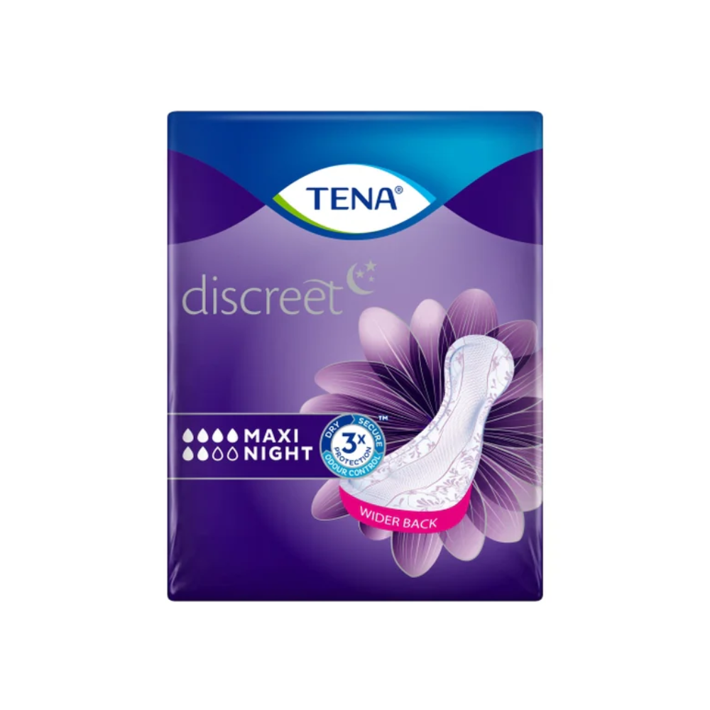 TENA Lady Discreet Protect+ Maxi Night absorbante pentru incontinență de la Essity Germany GmbH au un ambalaj violet cu o imagine albă a absorbantului, textul „3x Schutz“ și picături de absorbție. Tehnologia InstaDRY întărește partea din spate mai lată pentru confort și siguranță optimă. Pachetul conține 12 bucăți.